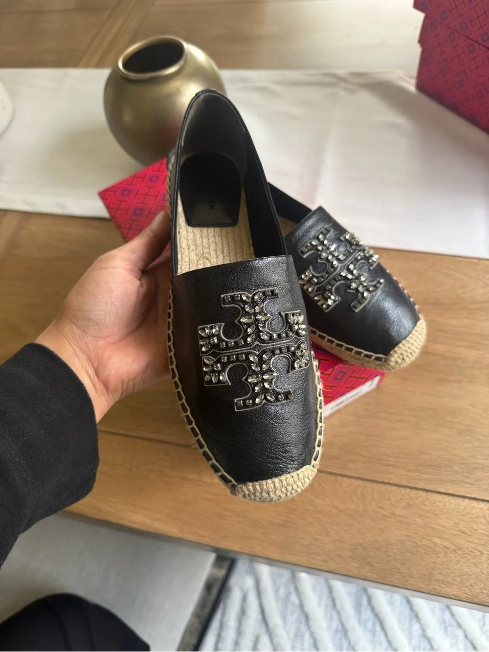 Tory Burch Black Leather Espadrille with Jeweled Logo